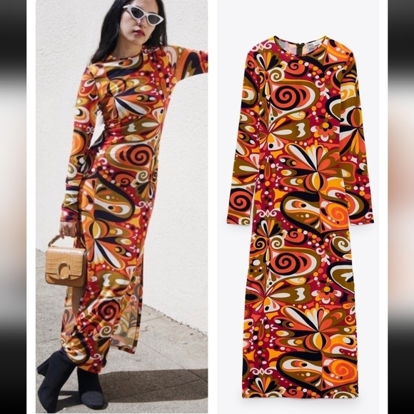 Zara Goovy Multicolored Mod 1970s Style Slit Sides Maxi Dress Long Sleeve Size S - Picture 1 of 16